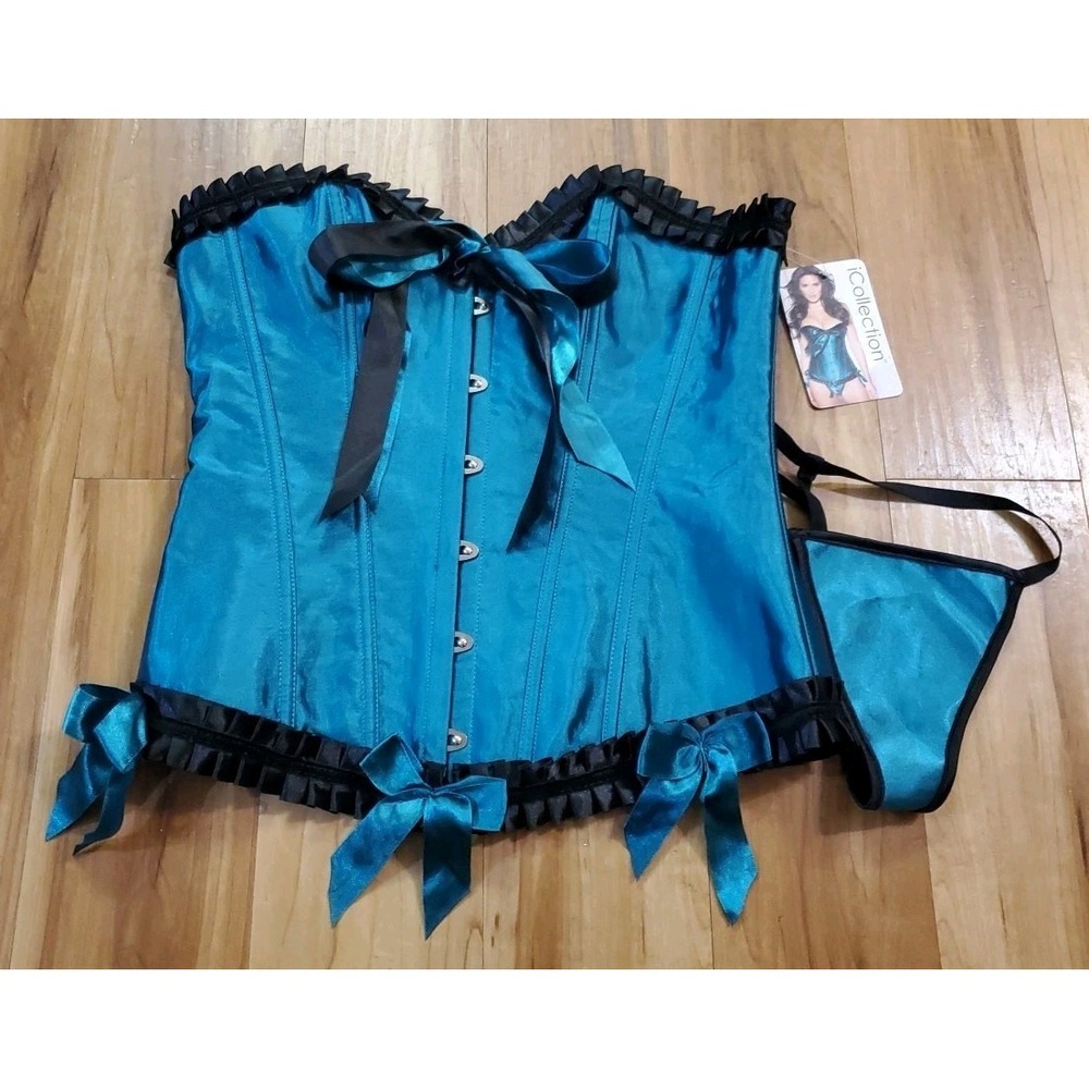 Satin Lace Overlay Burlesque Corset with Thong Panties Size 36 Turquoise